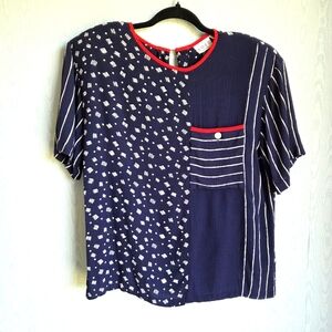 Vintage 90s Russ Union ILGWU USA Made Blouse 14 Navy Red Abstract Short Sleeve